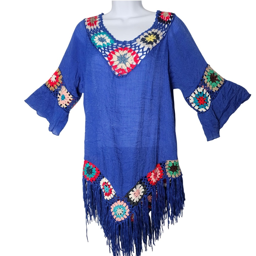 Dasayo Crochet Tunic Women Est M Blue Granny Square‎ Fringe Boho Festival Gauze